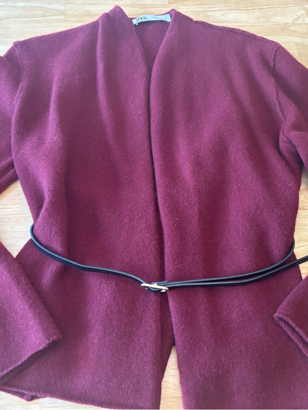 NWOT Zara 100% Wool, Belted Jacket in Burgundy, sz Med
